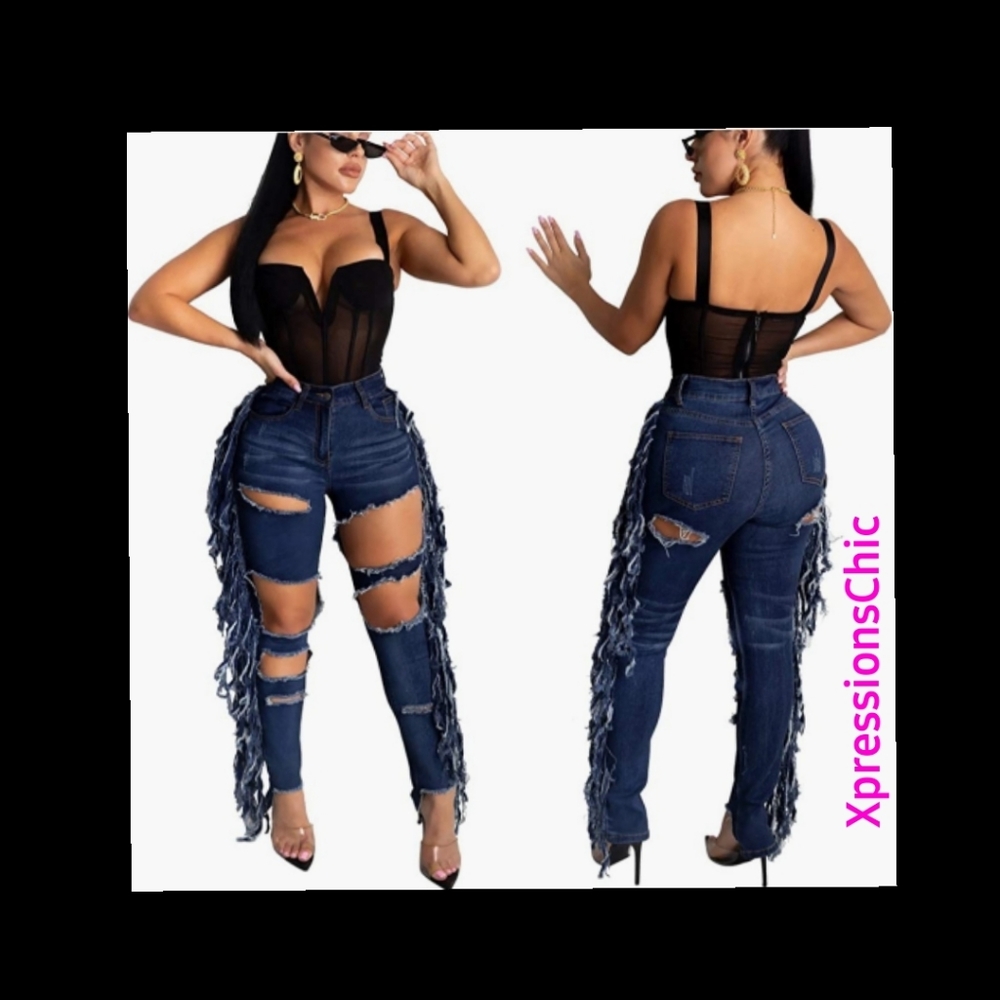 Side Fringe Skinny Ripped Jeans